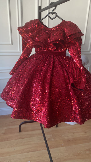 Milano Red Dress with Belt and Double Ruffles