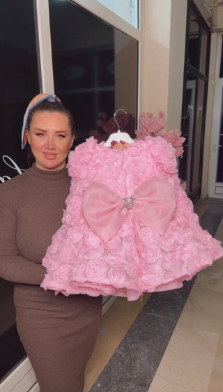 Vanessa Pink Long-Sleeve Girls’ Evening Dress with Rose Embossed Detail