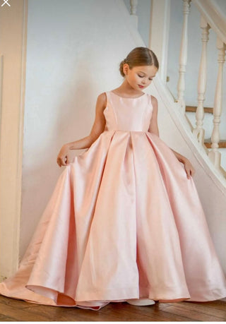 Elsa Salmon Satin Long-Train Girls’ Wedding Dress