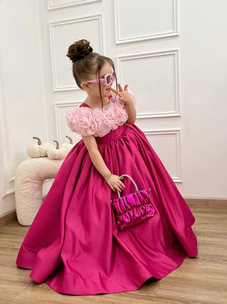 Fuchsia Satin Long Shoulder Rose Organza Girls’ Evening Dress