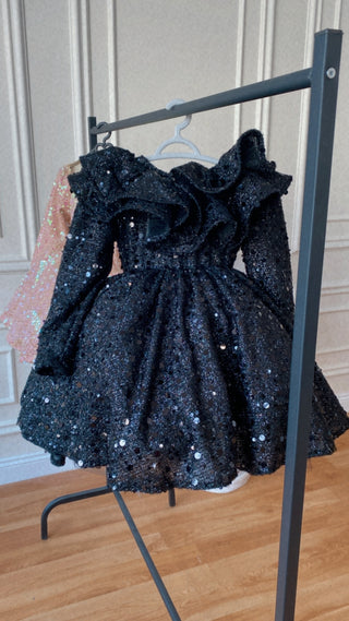 Milano Black Double-Sleeve Flounce Dress