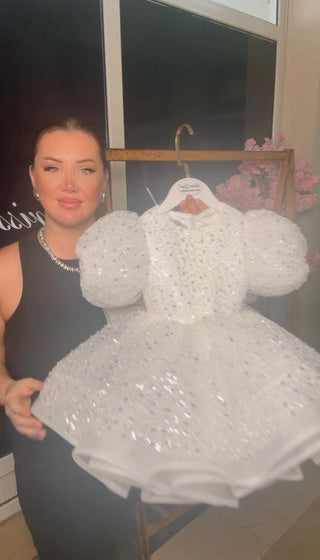 Elegant White Girls’ Dress with Closed Neck and Boat Neckline