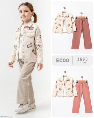 3-Piece Floral Embroidered Jacket, Pants, and Blouse Set (Beige Color)