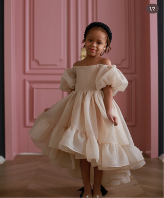 Elizya Beige Organza Long-Train Girls’ Dress