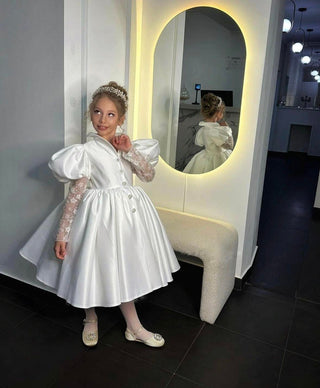 Roza Oval-Neck White Girls’ Evening Dress