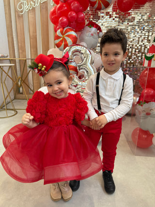 Perla Red Girls’ Evening Dress with Closed V-Neck and Rose Organza Detail