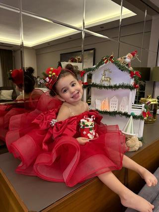 Royal Red Girls’ Evening Dress with Rose Sleeve Beading