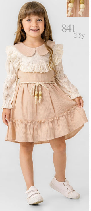 Vintage Cream Lace-Collar 3-Piece Girls’ Dress Set