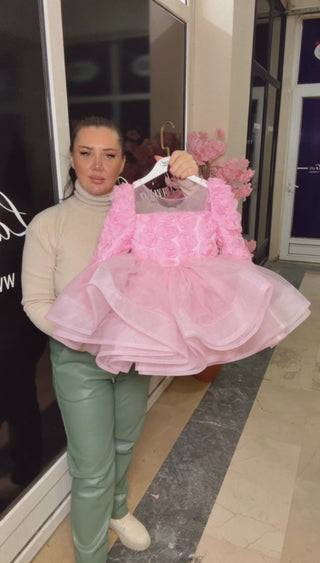 Elena Pink Girls’ Evening Dress with Rose Organza Detail