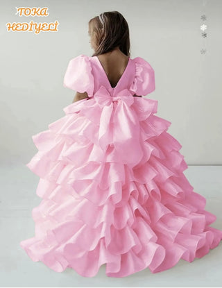Cloudy Long-Train Pink Girls’ Evening Dress
