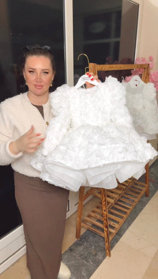 Vanessa White Long-Sleeve Girls’ Evening Dress with Rose Embossed Detail