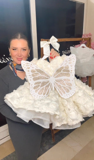 Vanessa Cream Long-Sleeve Girls’ Evening Dress with Butterfly Embossed Detail