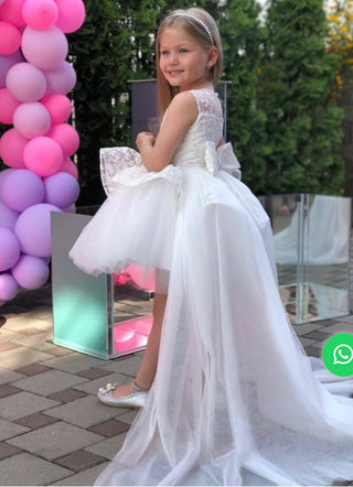 White Floral Detail Long-Train Dress