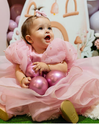 Barbara Pink Girls’ Dress with Pearls and Lettuce Hem Skirt