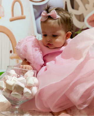 Barbara Pink Girls’ Dress with Pearls and Lettuce Hem Skirt