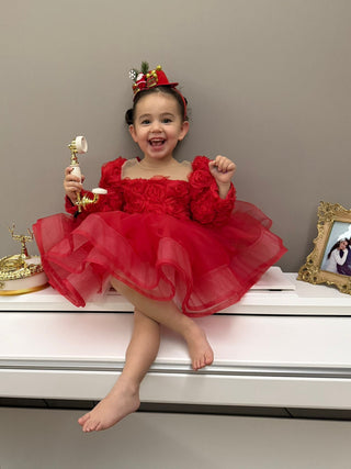 Elena Red Girls’ Evening Dress with Rose Organza Detail