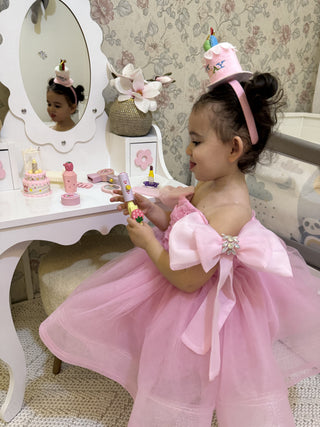 Royal Pink Girls’ Evening Dress with Organza Rose Sleeves and Beaded Details