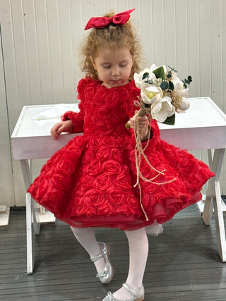 Vanessa Red Long-Sleeve Girls’ Evening Dress with Rose Embossed Detail