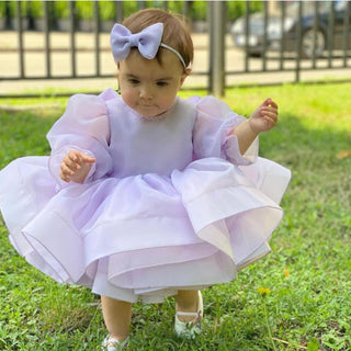 Barbara Purple Ruffled Skirt Girls’ Evening Dress with Long Sleeves and Elastic Waist