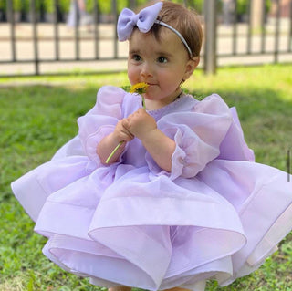 Barbara Purple Ruffled Skirt Girls’ Evening Dress with Long Sleeves and Elastic Waist