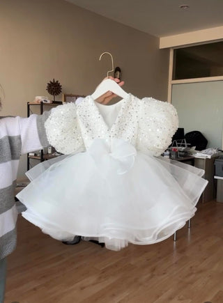 Diana White V-Back Dress with Lettuce Hem Skirt