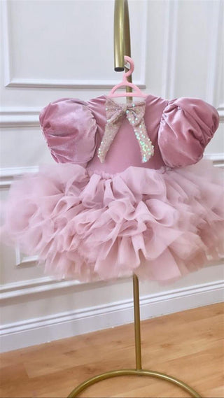 Diana Velvet Powder Pink Bow Detailed Evening Dress