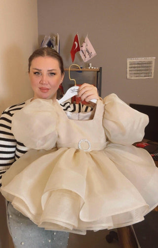 Oscar Beige Belted Designer Dress