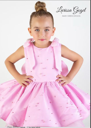 Ela Pink Girls’ Evening Dress with Pearl-Detail Shoulder Bow