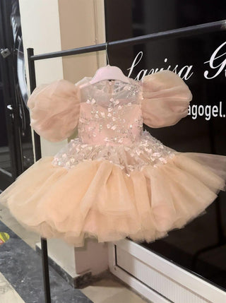 Sindy Cream Girls’ Evening Dress with Floral Details and Ruffled Tulle Skirt