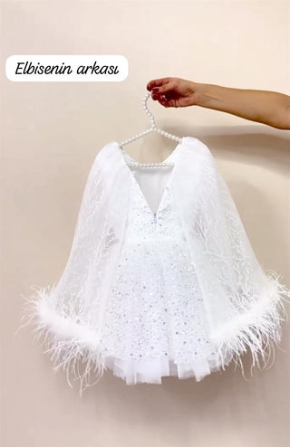 Swan White Girls’ Dress with Feather Details